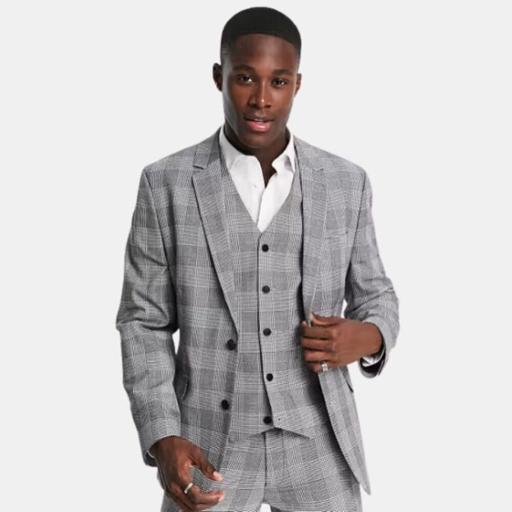 ASOS DESIGN Sz 36 Short Blazer Jacket Black Gray Window Check Rayon Blend Lined